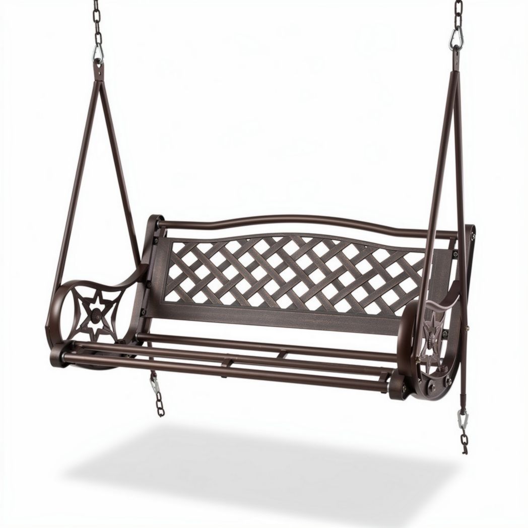Outdoor patio swing bench with durable metal frame and brown finish 150 x 60 x 100cm