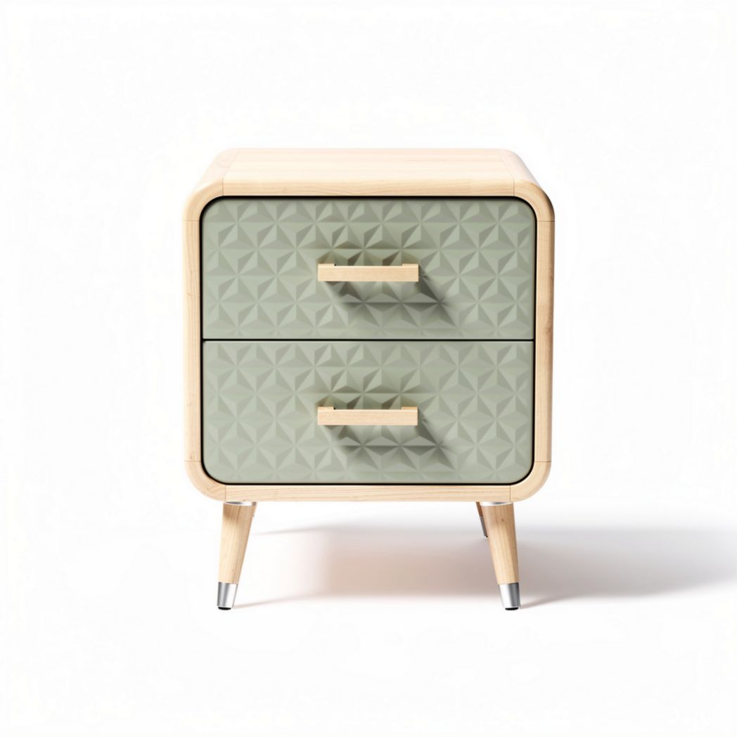 Two-drawer nightstand with geometric pattern in green and wood finish 50 x 40 x 60cm