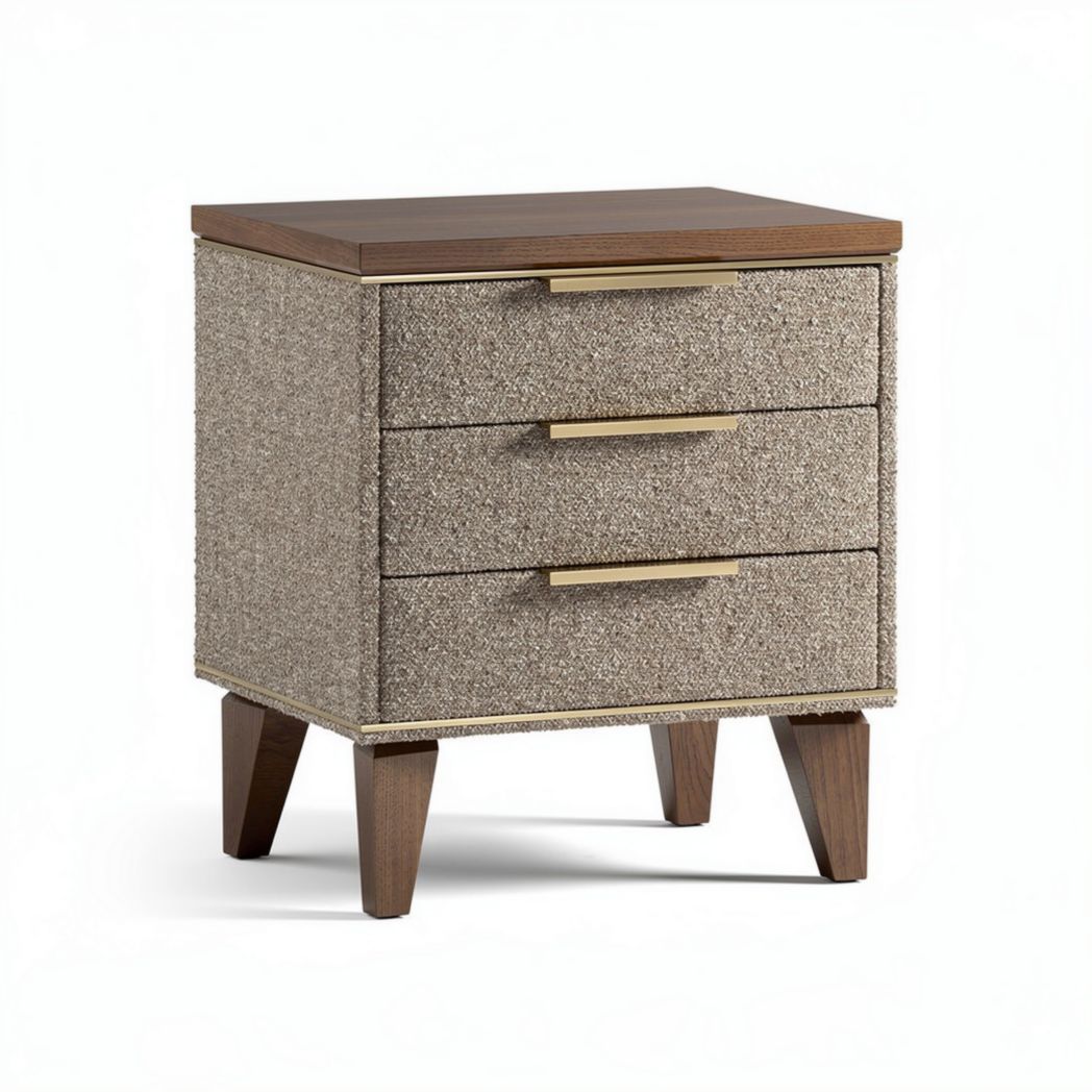 Fabric upholstered nightstand with three drawers and wooden legs 40 x 50 x 60cm