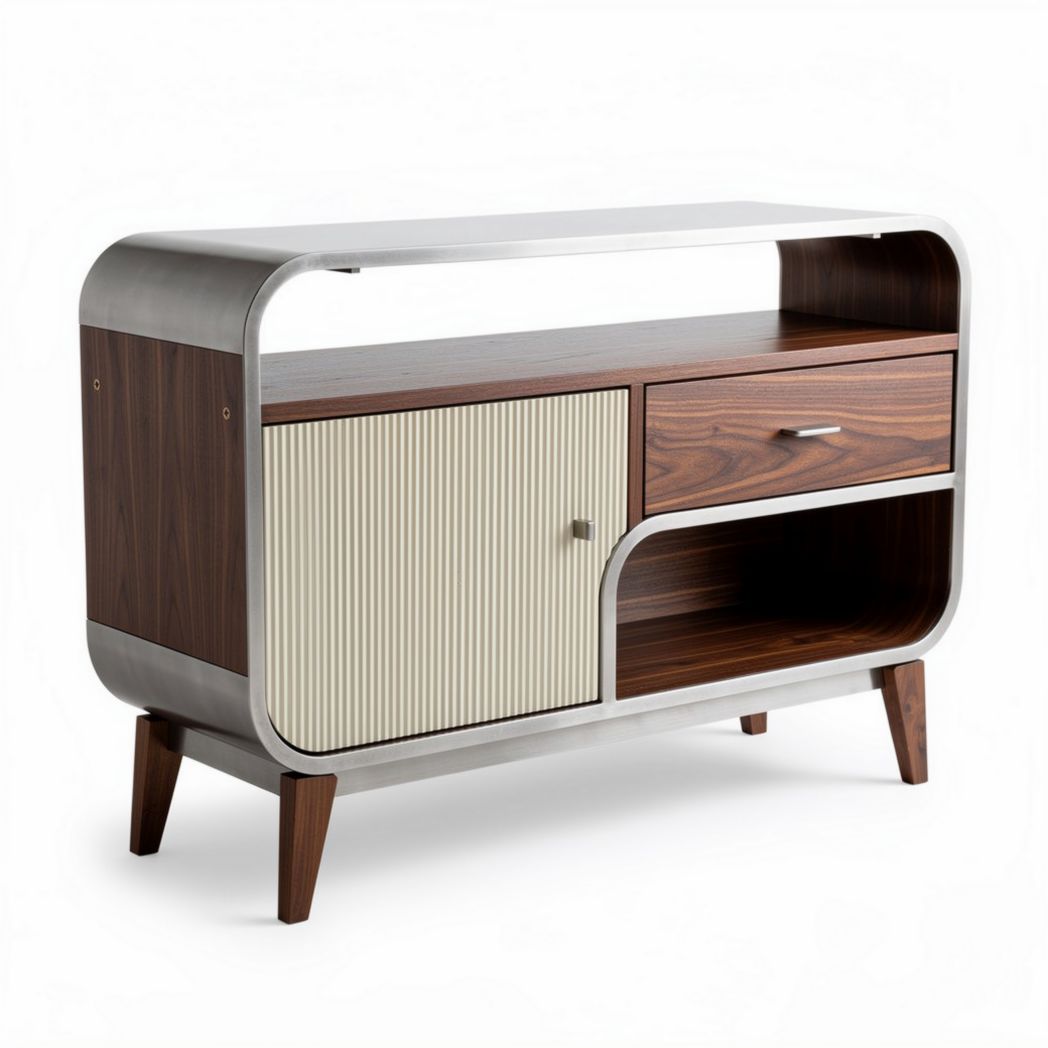 Wooden and metal console table with storage cabinet and drawer 120 x 40 x 75cm