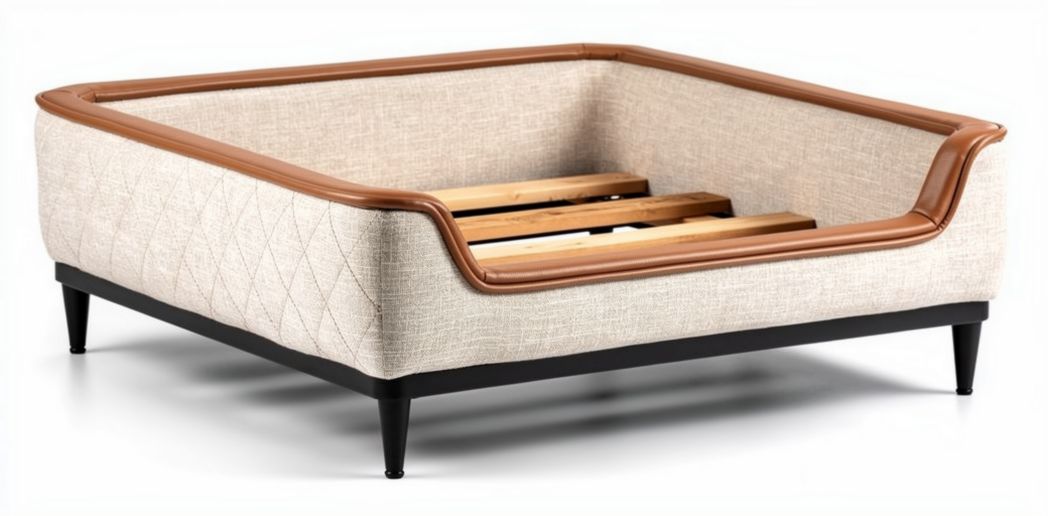 Pet bed with wooden slats and upholstered frame in beige and brown 80 x 80 x 25cm