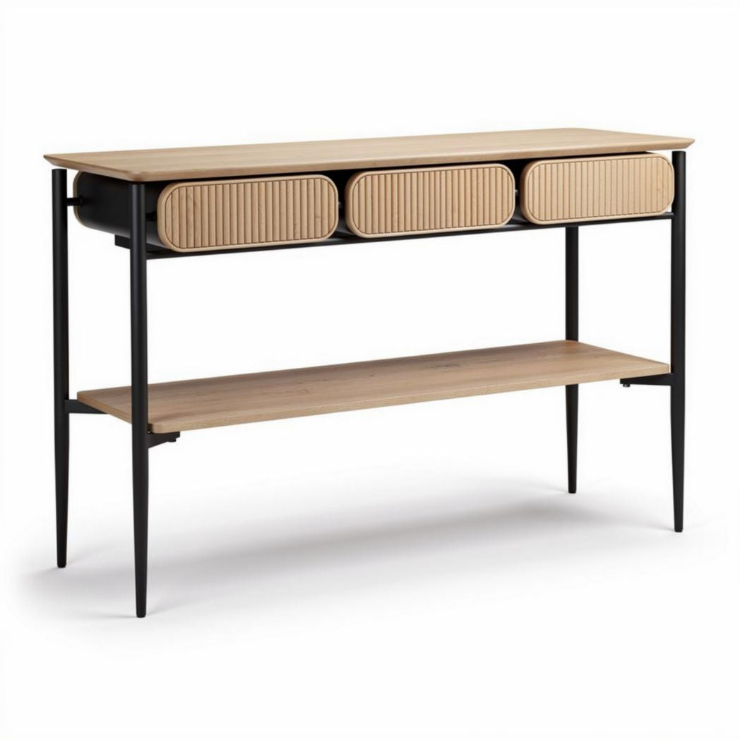 Wooden console table with three storage drawers and open shelf 120 x 40 x 80cm