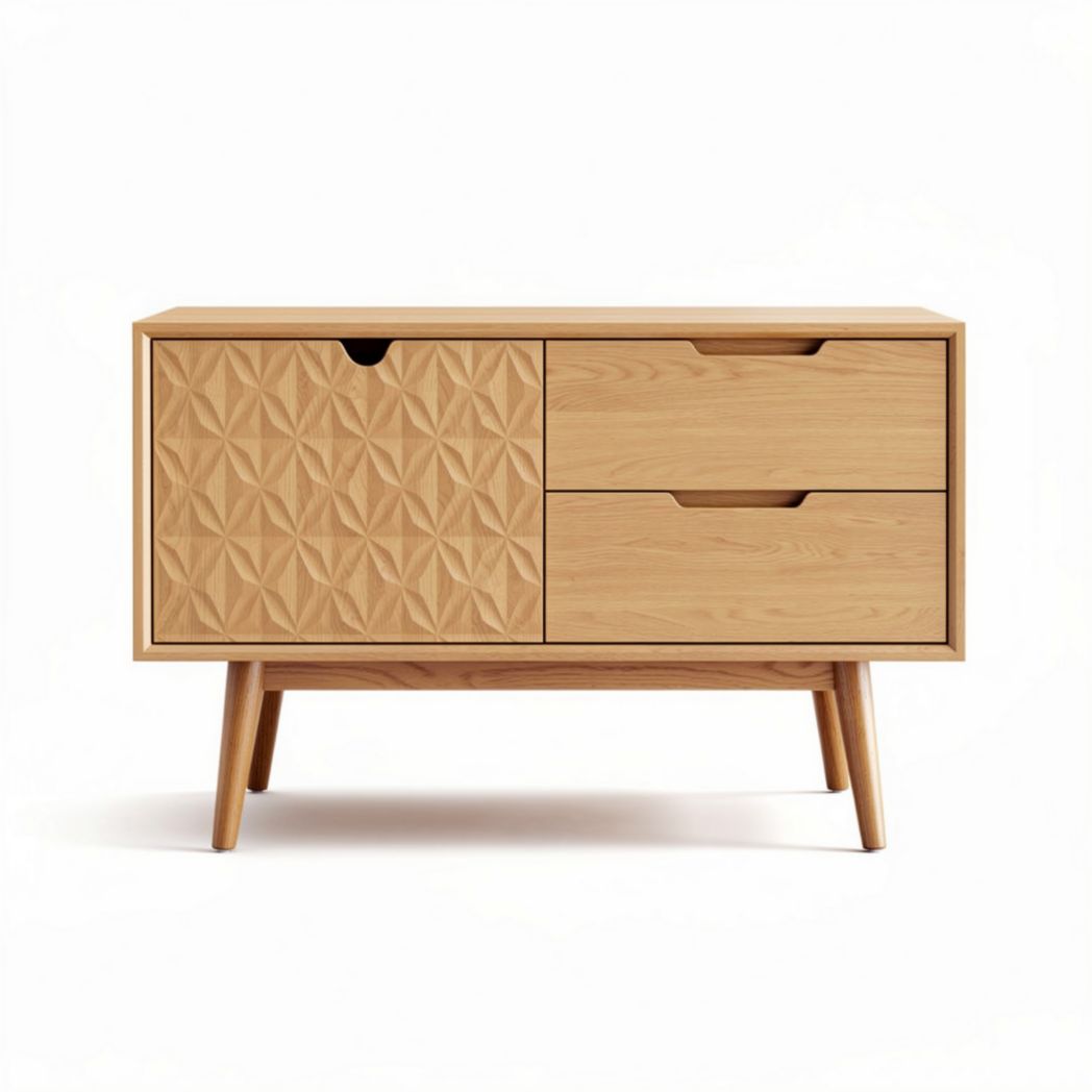 Wooden sideboard with geometric design and storage drawers 90 x 40 x 70cm