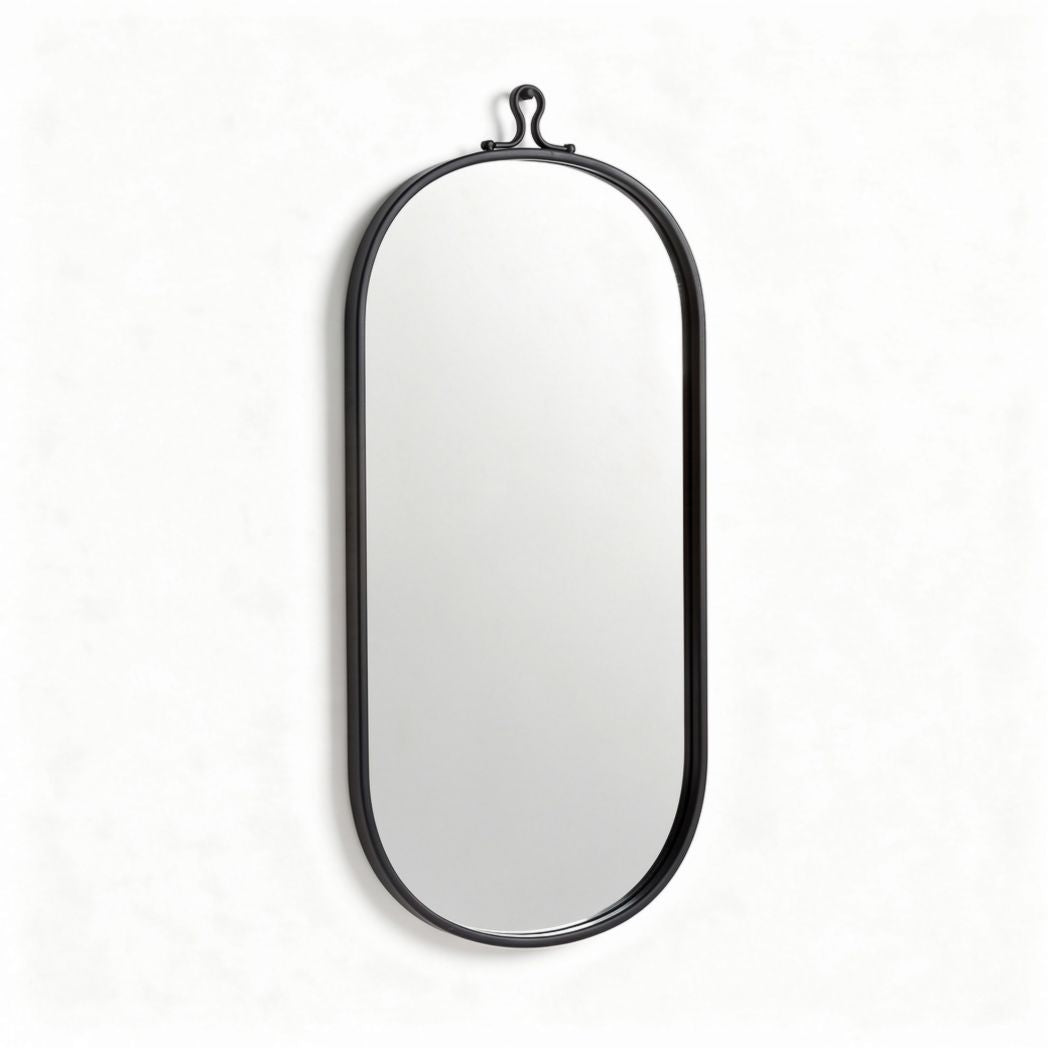 Oval wall mirror with black metal frame and hanging loop 40 x 20 x 3cm