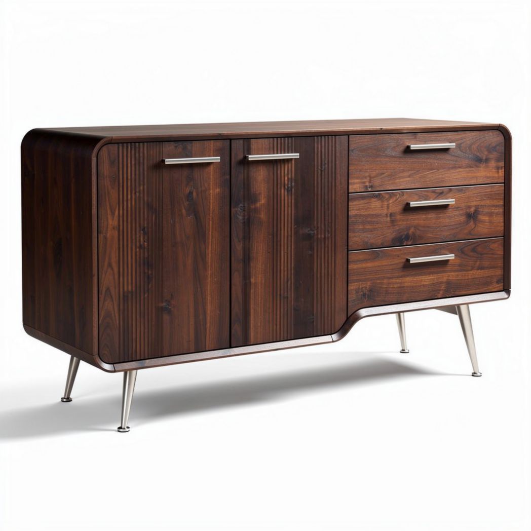 Mid-century modern wooden sideboard with three drawers and double doors