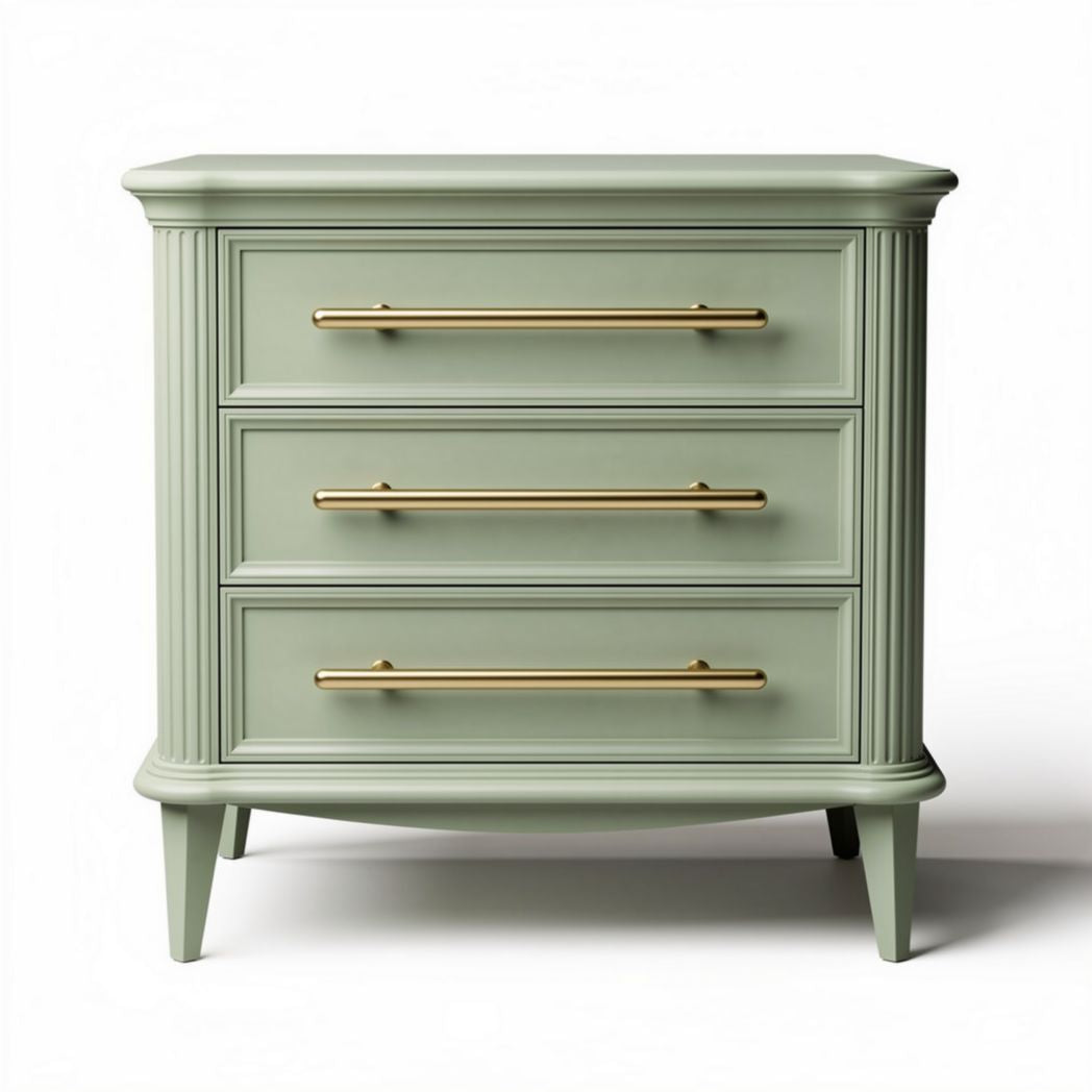 Green wooden nightstand with three drawers and gold handles 60 x 40 x 80cm