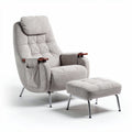 Recliner chair with matching ottoman in light gray fabric and metal legs