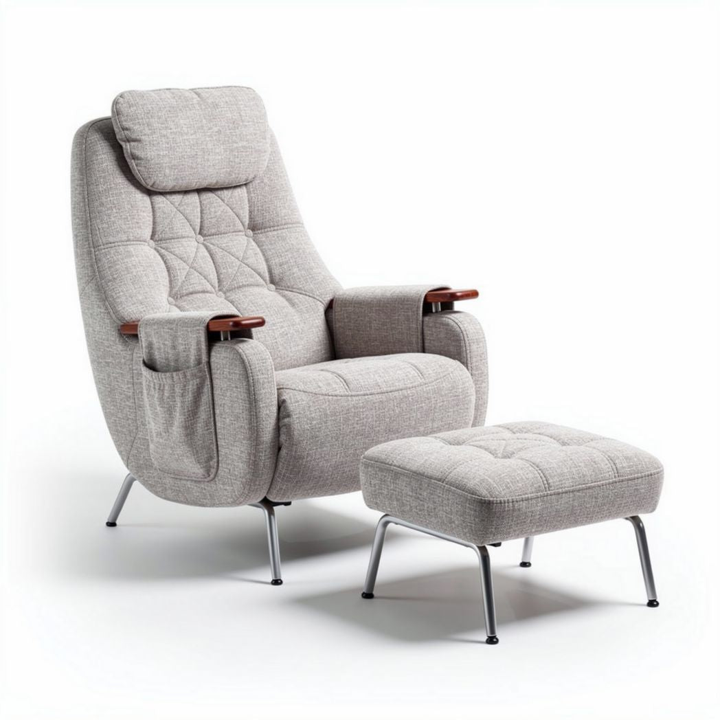 Recliner chair with matching ottoman in light gray fabric and metal legs