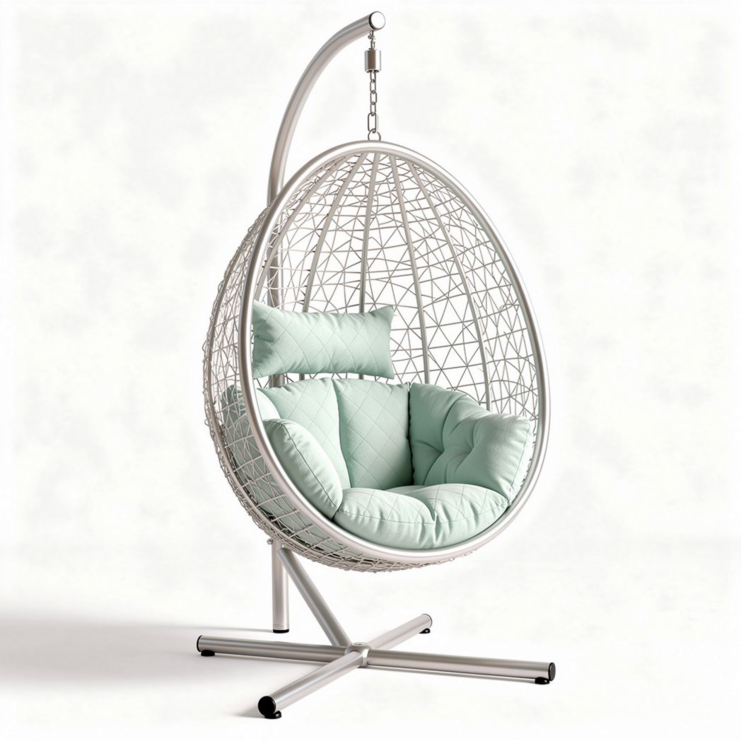 Hanging egg chair with soft cushion and metal frame in mint green 80 x 80 x 120cm