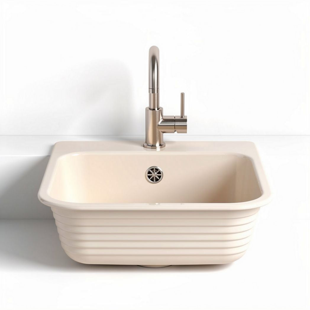 Undermount kitchen sink in cream ceramic with brushed nickel faucet 60 x 40 x 25cm